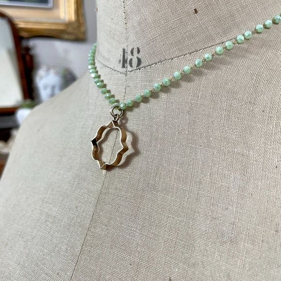 Antique Quatrefoil Watch Fob Assemblage Necklace Green Faceted Rondelle Moroccan - Picture 2 of 6